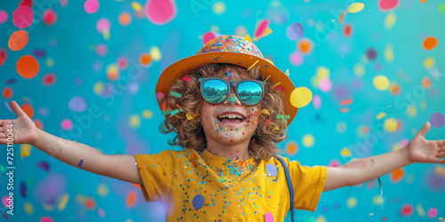 Children's carnival birthday. Exuberant child in festive gear with confetti, colorful hat, and sunglasses at a fun-filled carnival birthday party