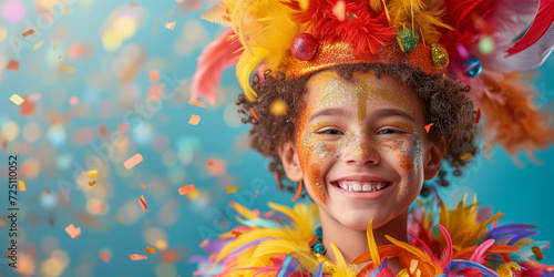 Children's carnival birthday. Joyful child in vibrant carnival costume with confetti.