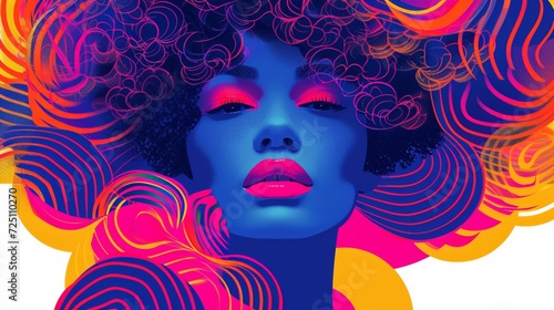 A woman with a colorful afro and curly hair in front of an abstract background, AI