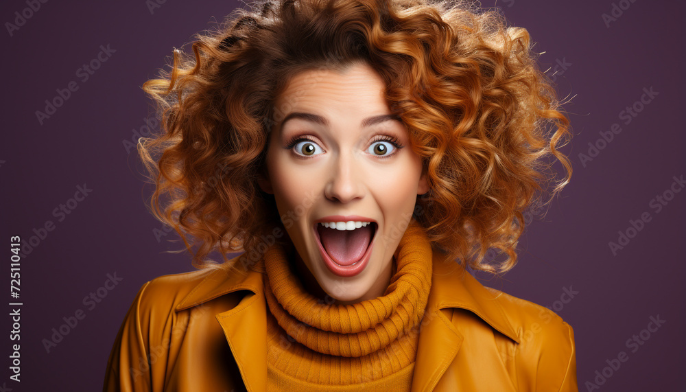 Young woman with curly hair smiling, looking at camera with joy generated by AI Young woman with curly hair smiling, looking at camera with joy generated by AI