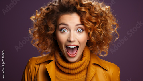 Young woman with curly hair smiling, looking at camera with joy generated by AI © Stockgiu