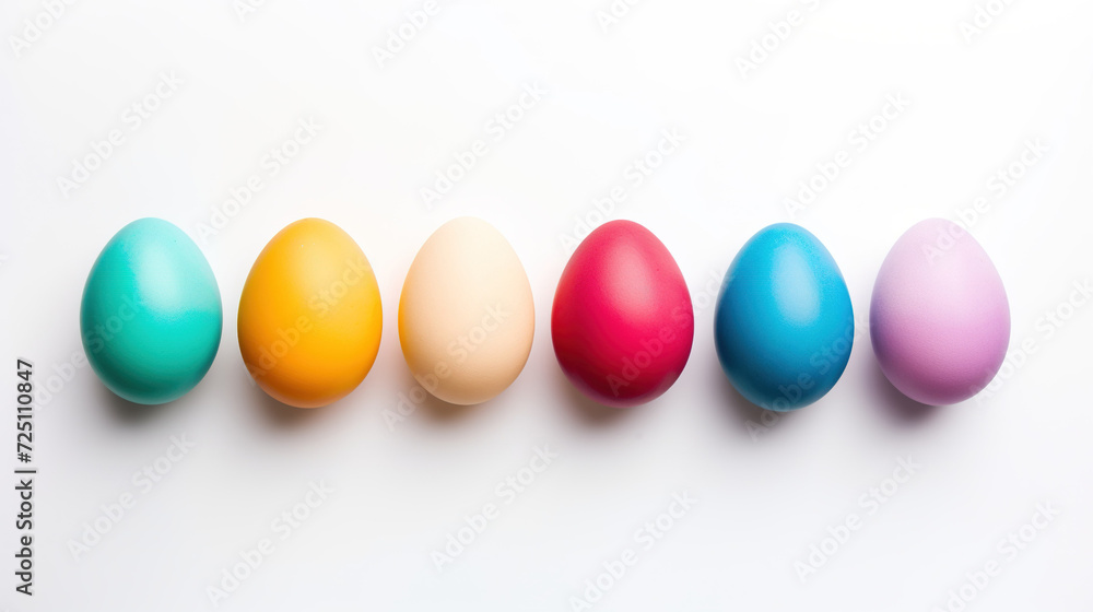 Multicolored Easter eggs on a light wooden background. Eggs in three rows. The concept of a holiday and a happy Easter. Template for cover, advertisement, label.