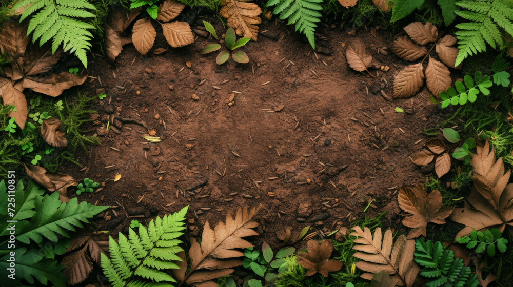 Verdant leaves and rich soil create a peaceful forest scene. - obrazy, fototapety, plakaty 