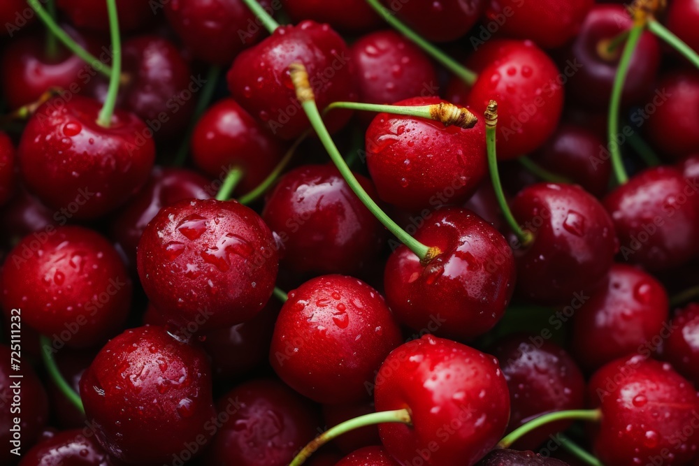Close-up of fresh, dewy red cherries with droplets of water, densely packed and filling the frame. Close-up of fresh, dewy red cherries with droplets of water, densely packed and filling the frame.