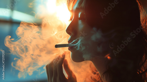 a woman smoking a cigarette with smoke coming out of her mouth photo