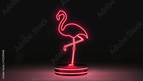 Neon bright shiny flamingo bird icon on the podium on a black background.