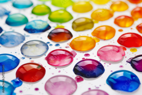 vibrant and colorful photograph featuring multiple water droplets in a variety of colors including blue, green, yellow, orange, red, and purple on a white background. 