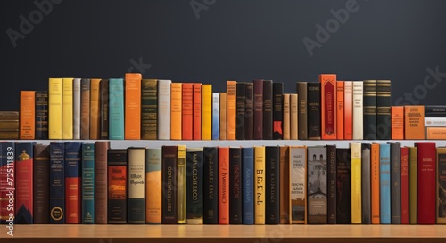 Antique styled books arranged neatly on wooden shelves. Concept of antiquarian books, classic literature, and home library aesthetics.
