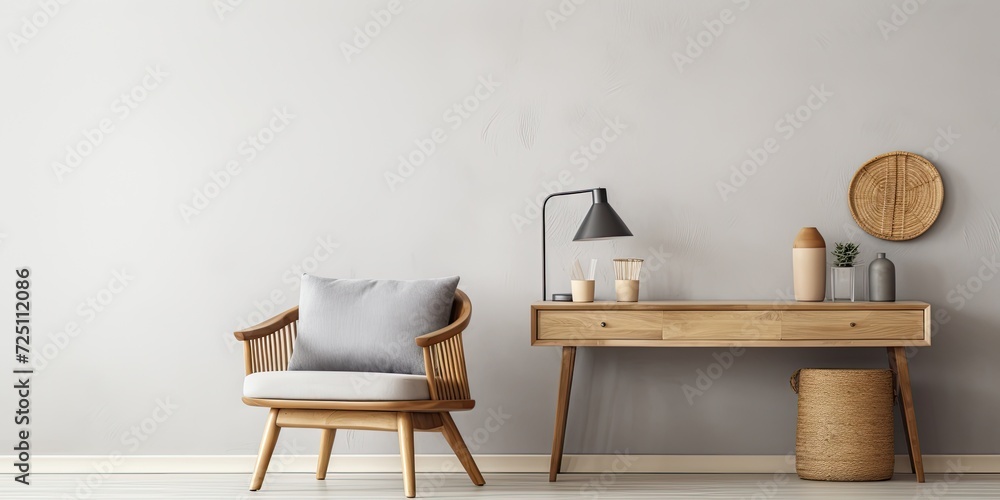 Minimalist cozy office interior with wooden consola, rattan armchair, black lamp, sculpture, gray plaid, and personal accessories. Home decor. Minimalist cozy office interior with wooden consola, rattan armchair, black lamp, sculpture, gray plaid, and personal accessories. Home decor.