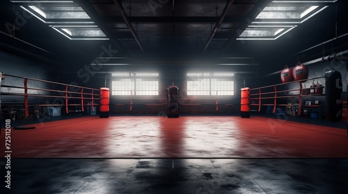Illuminated empty boxing ring. Concept of sports, competition, boxing, combat sports, training Sessions © Jafree