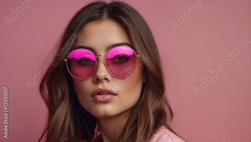 Portrait of a girl with brunette hair and stylish glasses. Pink background. Optical shop, advertising.