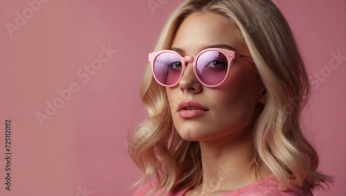 Portrait of a girl with blonde hair and stylish glasses. Pink background. Optical shop, advertising.