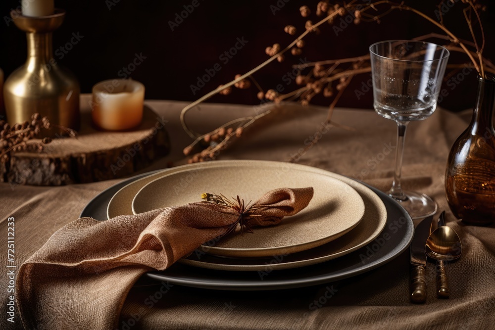 Empty tableware with a brown napkin, food styling props, and a premium set for a wedding, event, date, party, or luxury home interior décor brand are part of the dishware, menu, and table concept
