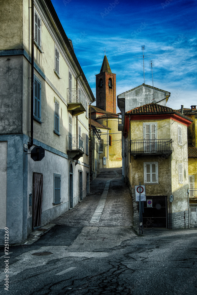 The bell tower of the church of Mombaruzzo - Asti - Piedmont - Italy