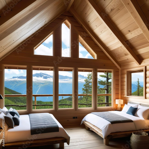 Interior de una cabaña de madera en un árbol con varias camas y ventanas desde las que se ve un paisaje de altas montañas  photo