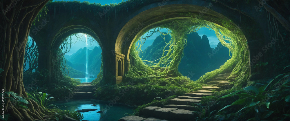Glowing vines weave through ancient stone arches, casting a mystical ...