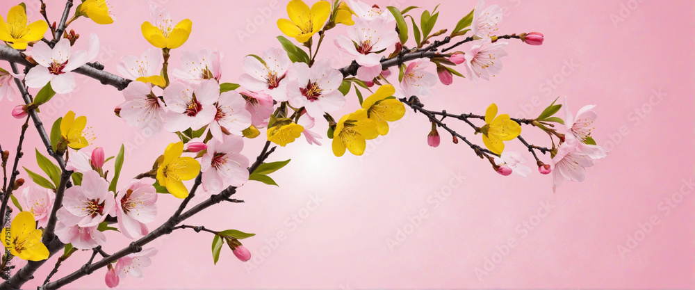 Fototapeta premium Yellow Cherry Blossoms on Pink Spring Banner