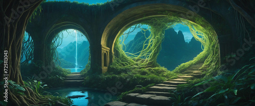 Glowing vines weave through ancient stone arches, casting a mystical glow.