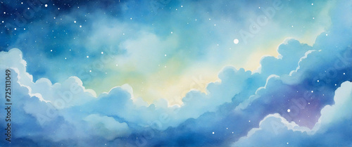Blue sky watercolor background with clouds and shimmering details. Universe-inspired galaxy design in shades of blue.
