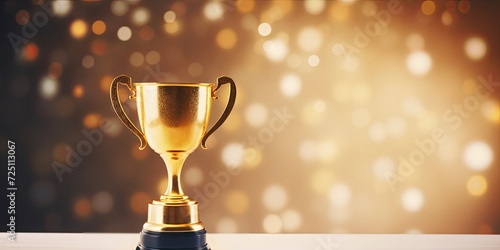 Award-winning golden trophy on wooden table against white bokeh background, with space to include text.