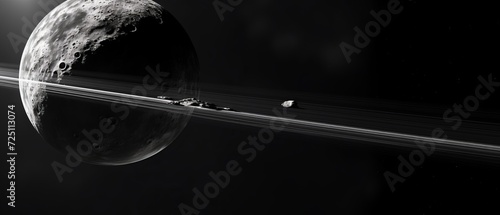 An illustration in monochrome or black and white of the solar system or outer space with planets and stars