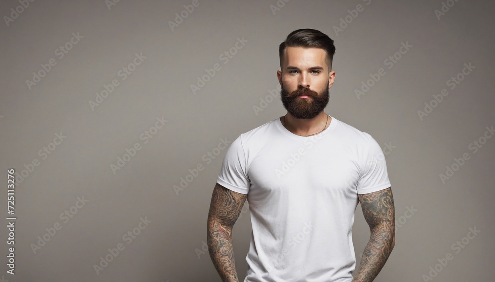 Obraz premium Stylish man with tattoos and beard in white t-shirt. Creative design technology.