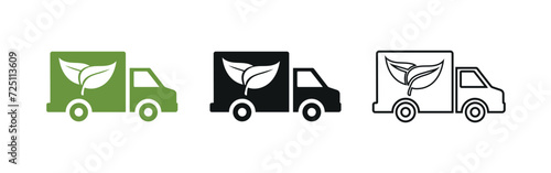 Electric vehicle linear truck and silhouette truck icon color set. Electric van pictogram. Collection of eco energy eco truck symbols on white background. Isolated vector illustration.