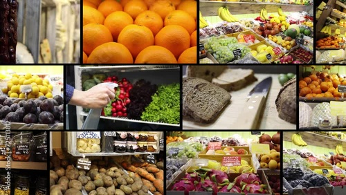 Collage with fruit shop - bread, fruits, vegetables