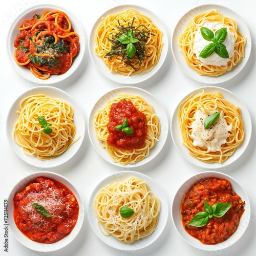 Assorted Italian Spaghetti Pasta Dishes on White Background