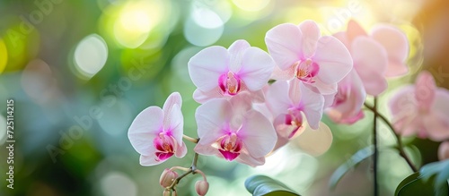 White and pink orchids blooming in a botanical garden, representing love and beauty for decorating and gifting purposes.