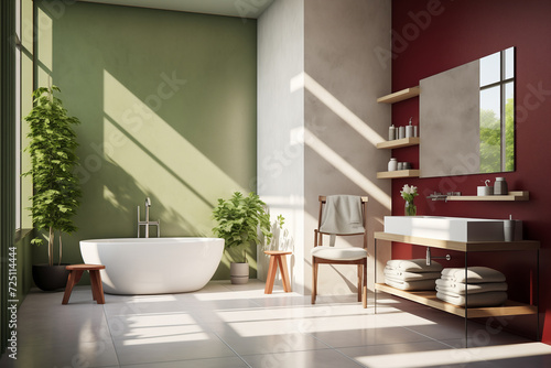 Full of sun light white minimalistic bathroom  green and burgundy interior elements