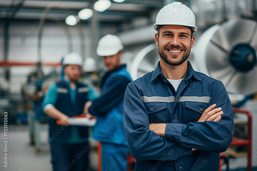 Smiling Industrial Supervisor with Engineering Team, Turbine Project Smiling Industrial Supervisor with Engineering Team, Turbine Project