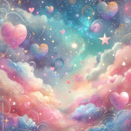 Holographic fantasy rainbow unicorn background with clouds and stars. Pastel color sky. Magical landscape, abstract fabulous pattern. Cute candy wallpaper. Kawaii Fantasy Pastel Colorful Sky.