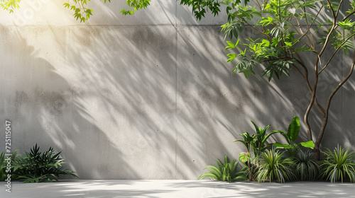Sunlit Empty Exterior Concrete Wall Decorated with Tropical Style Tree and Garden in a Stunning Tropical Style Landscape