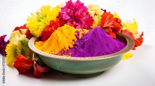 Happy Holi greeting card designed showing Indian traditional sweet and salty food, flowers and powder colours arranged over white background or clay.,non toxic holi colours, organic holi colors,