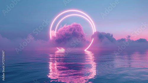 Futuristic Seascape with Glowing Neon Ring and Pink Cloud Reflection