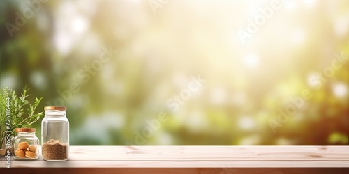 Blurred kitchen window background with wooden tabletop and copy space