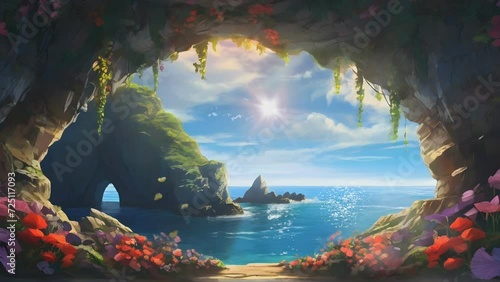 peaceful atmosphere sea view from the cave with flowers decorating the cave photo