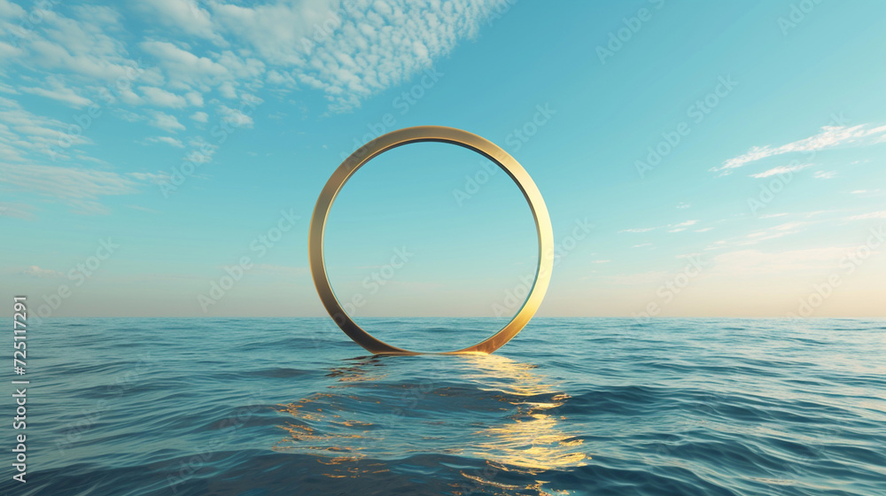 Golden Ring in a Surreal Seascape: A Blank Round Frame Against a Minimalistic Golden Ring in a Surreal Seascape: A Blank Round Frame Against a Minimalistic