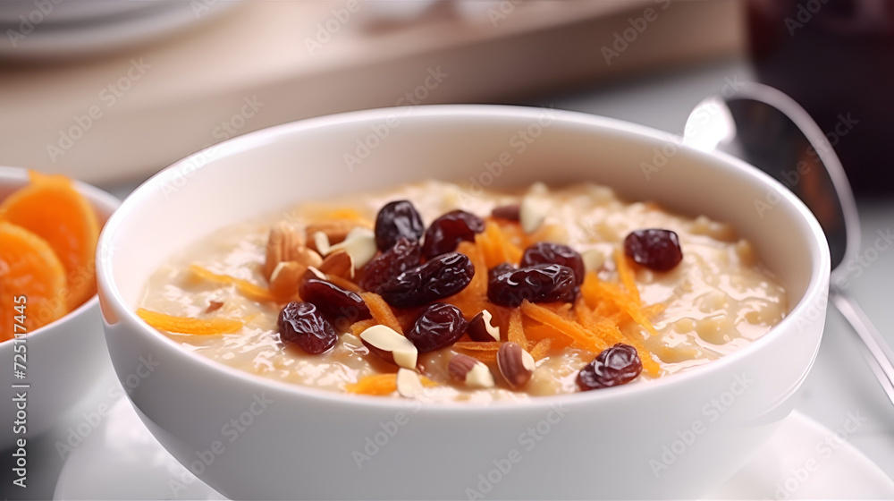 Carrot porridge with dried cranberries, almonds and crushed chocolate Carrot porridge with dried cranberries, almonds and crushed chocolate