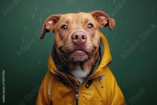 dog wearing a raincoat  photo on a green background