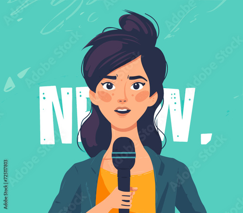 Professional Female News Anchor Broadcasting Live with Microphone