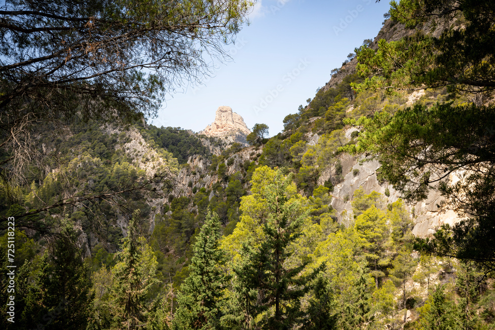 Mountain landscape close to La Fontcalda (hot spring), area of Pandols-Cavalls mountain range, Prat de Comte, Tarragona, Catalonia, Spain
