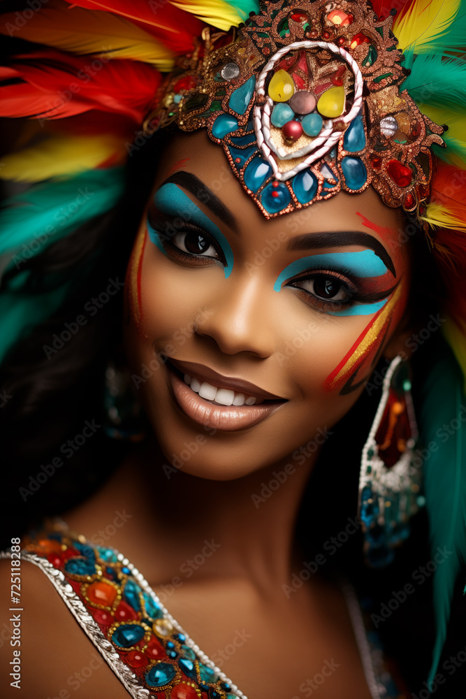 Fototapeta premium Close-up of a woman in vibrant carnival attire with a beaming smile