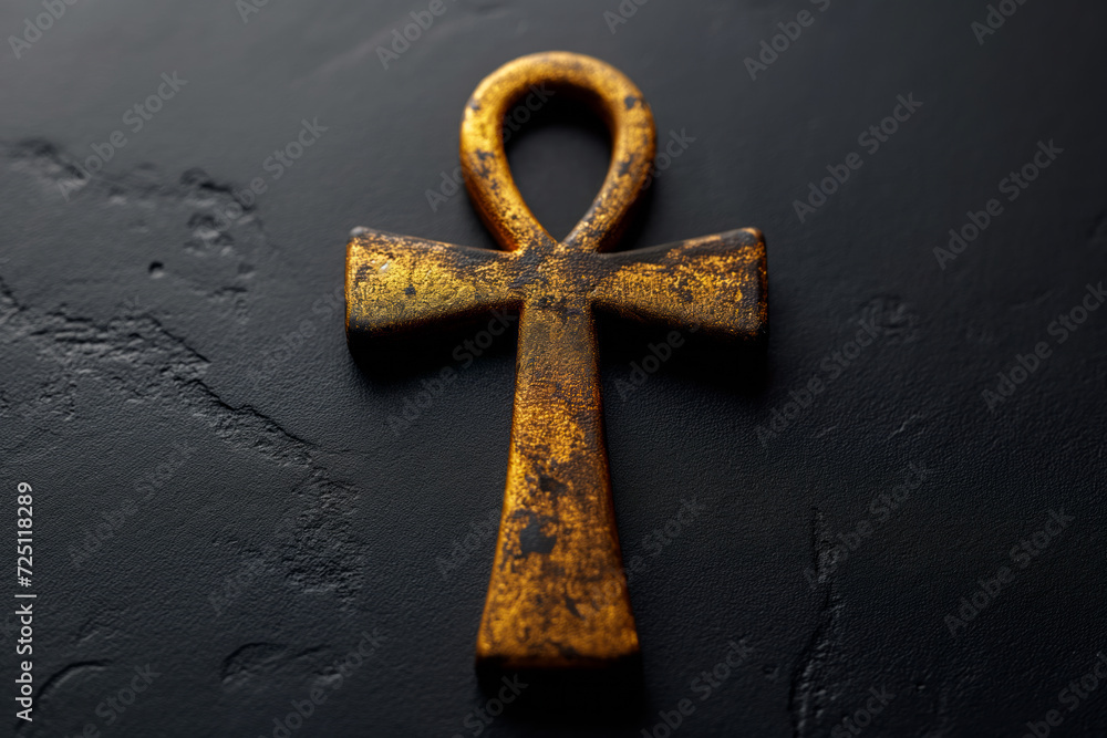Rustic golden Egyptian Ankh symbol on a dark textured background