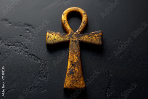 Rustic golden Egyptian Ankh symbol on a dark textured background photo