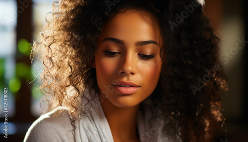 A beautiful young woman with curly hair looking outdoors confidently generated by AI