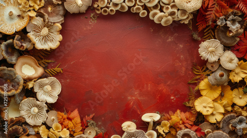 A lush array of mushrooms and autumn leaves frame a rich, red background.