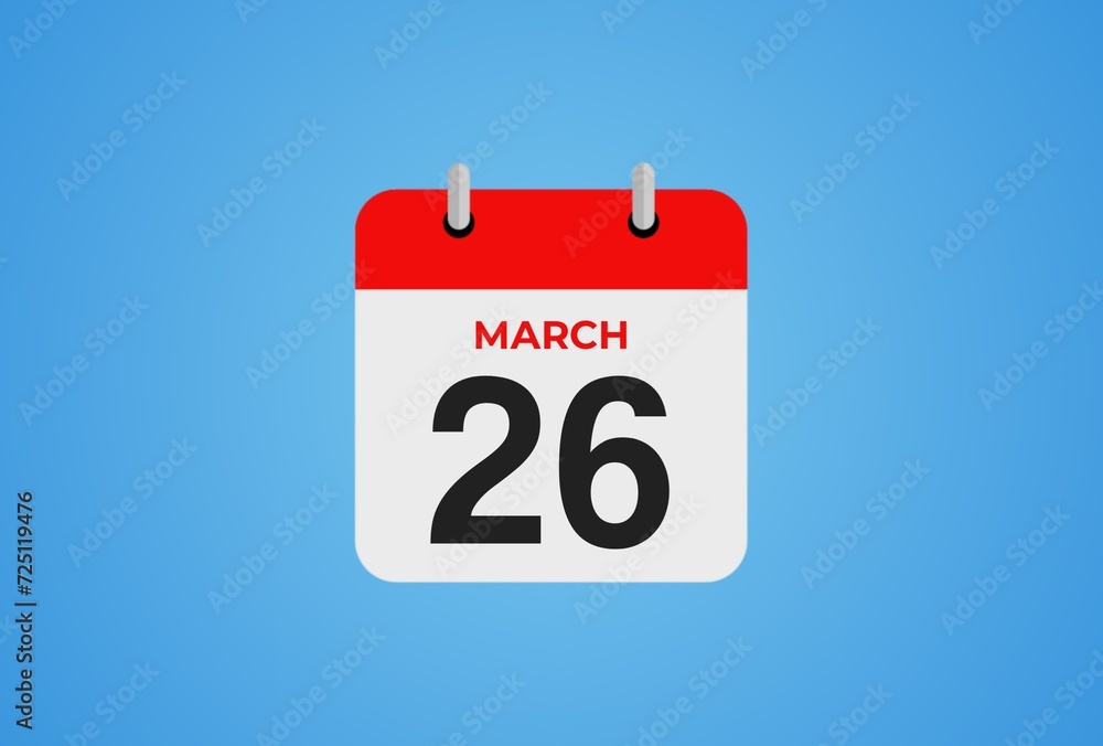 26 March calendar icon on blue background. Flat design. 26 March calendar icon on blue background. Flat design.