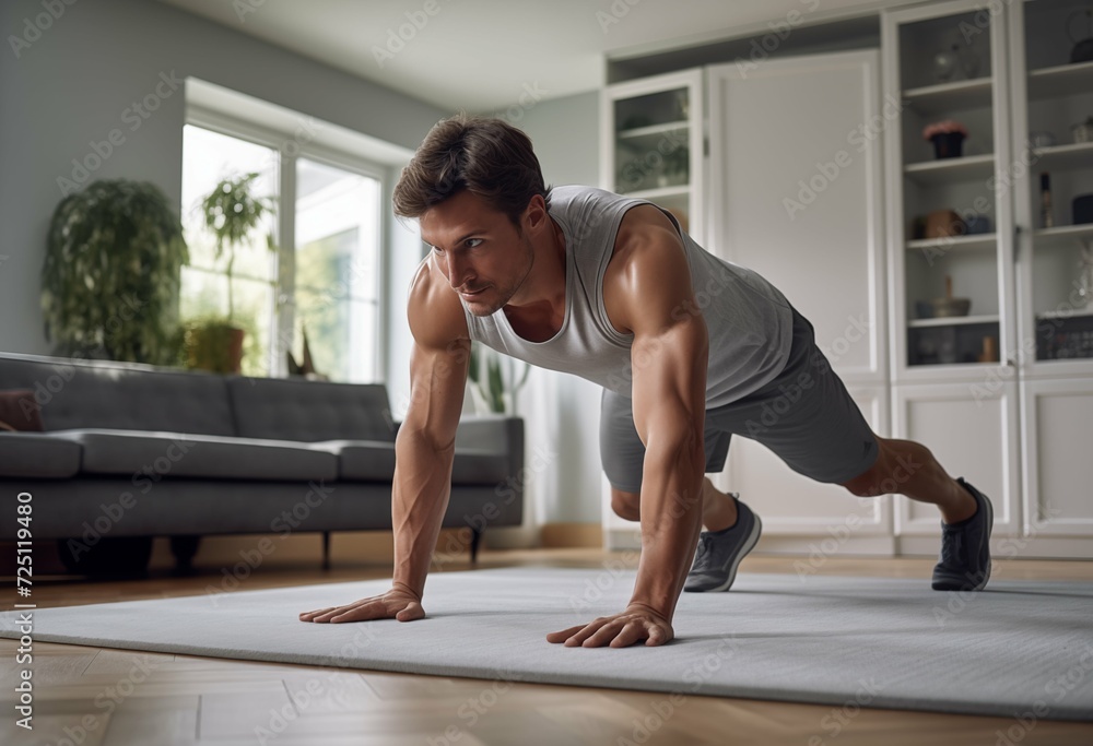 A man performing push ups on a mat, demonstrating strength and fitness. A man performing push ups on a mat, demonstrating strength and fitness.